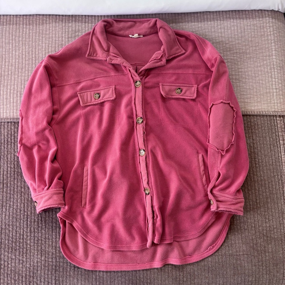 These Three Pink Fleece Button-Up Shacket – Size S